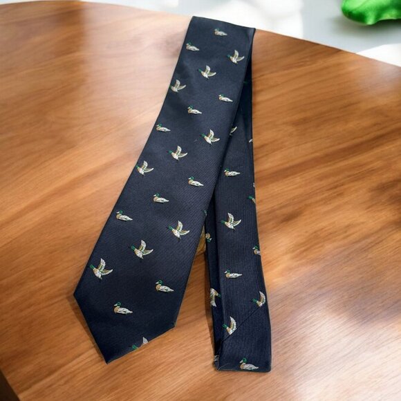 Handmade 100% Silk Men's Tie Deep Navy Blue with M.R. Ducks Mallards - Picture 2 of 5